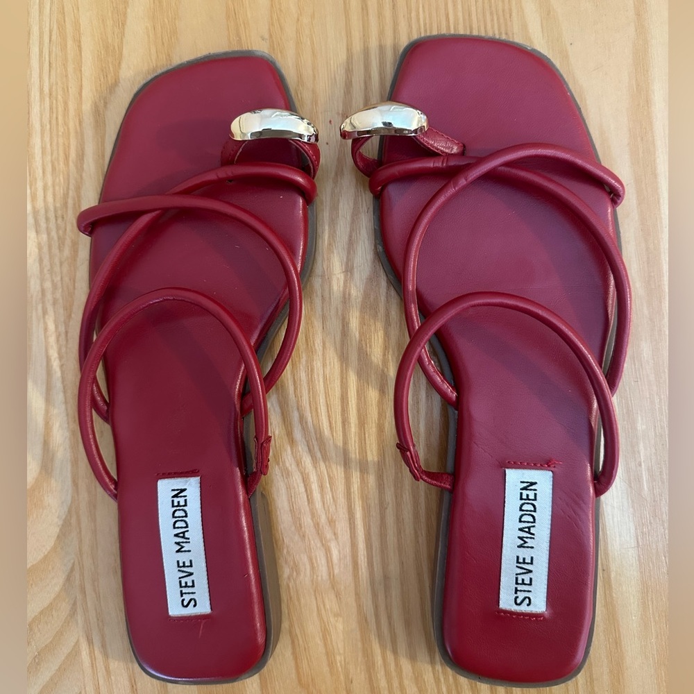 Steve Madden Red Strappy Square-Toe Sandals with Gold Accent